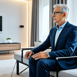 A professional image depicting an individual with a mature, dignified appearance, fully clothed in modest, professional attire, seated comfortably in a modern, brightly lit living room. The person is engaging with a high-tech eye-tracking communication device on a sleek monitor, subtly demonstrating control over integrated smart home features like lighting or curtains. The environment is clean, minimalist, and technologically advanced, showcasing seamless AI and IoT integration that promotes independence. Perfect anatomy, natural pose, correct proportions, well-formed hands, proper finger count, natural body proportions, safe for work, appropriate content, fully clothed, family-friendly, professional photography, high quality.