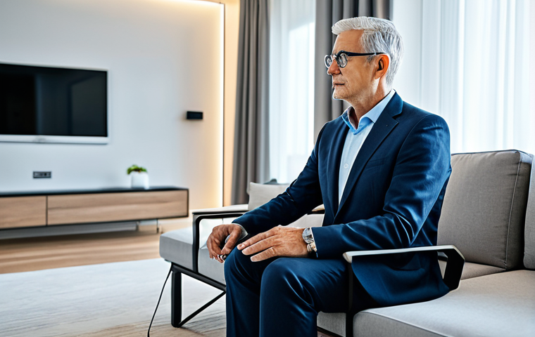 A professional image depicting an individual with a mature, dignified appearance, fully clothed in modest, professional attire, seated comfortably in a modern, brightly lit living room. The person is engaging with a high-tech eye-tracking communication device on a sleek monitor, subtly demonstrating control over integrated smart home features like lighting or curtains. The environment is clean, minimalist, and technologically advanced, showcasing seamless AI and IoT integration that promotes independence. Perfect anatomy, natural pose, correct proportions, well-formed hands, proper finger count, natural body proportions, safe for work, appropriate content, fully clothed, family-friendly, professional photography, high quality.