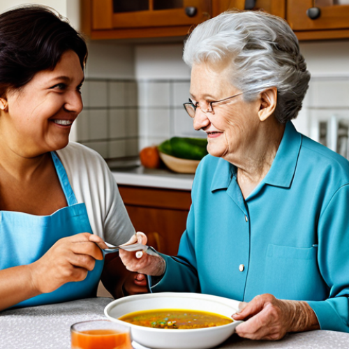 Meal Preparation & Assistance**

"A family-friendly scene showcasing a caregiver assisting a fully clothed elderly woman with ALS during mealtime. The woman is seated comfortably at a table, enjoying a pureed vegetable soup. The caregiver offers gentle assistance with a specialized spoon. The kitchen is bright, clean, and modern. Focus on the care and compassion of the scene. Safe for work, appropriate content, fully clothed, professional, modest, perfect anatomy, natural proportions, well-formed hands, proper finger count, natural body proportions."

**