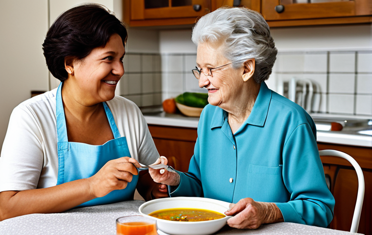Meal Preparation & Assistance**

"A family-friendly scene showcasing a caregiver assisting a fully clothed elderly woman with ALS during mealtime. The woman is seated comfortably at a table, enjoying a pureed vegetable soup. The caregiver offers gentle assistance with a specialized spoon. The kitchen is bright, clean, and modern. Focus on the care and compassion of the scene. Safe for work, appropriate content, fully clothed, professional, modest, perfect anatomy, natural proportions, well-formed hands, proper finger count, natural body proportions."

**