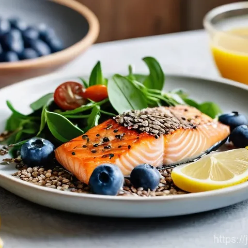 다발성 경화증 예방을 위한 생활습관 - **Healthy Eating for Gut Health**
    A vibrant, eye-level shot of a diverse, healthy meal spread on...