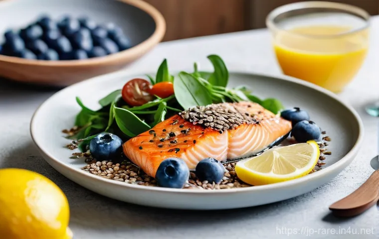 다발성 경화증 예방을 위한 생활습관 - **Healthy Eating for Gut Health**
    A vibrant, eye-level shot of a diverse, healthy meal spread on...