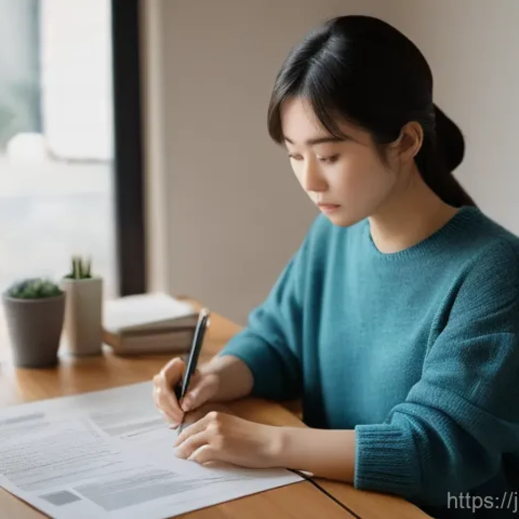 근육병 환자를 위한 보험 정보 - **Prompt:** A young Japanese woman, in her early 30s, sits thoughtfully at a modern desk in a well-l...