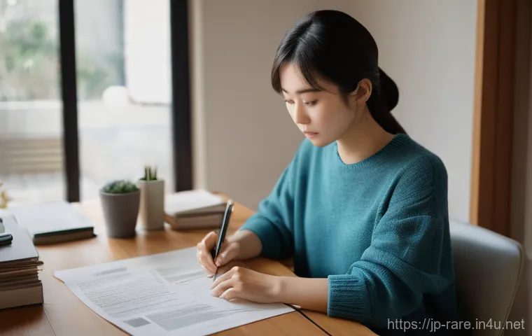 근육병 환자를 위한 보험 정보 - **Prompt:** A young Japanese woman, in her early 30s, sits thoughtfully at a modern desk in a well-l...