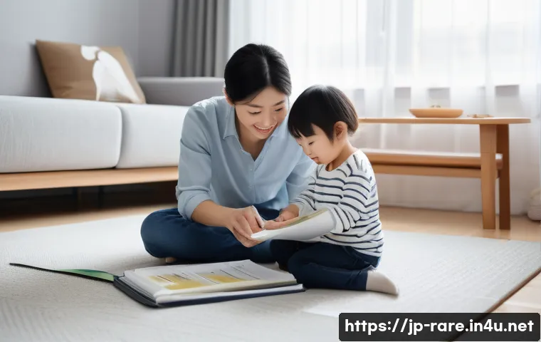난치병 환자 가족 지원 프로그램 - A heartwarming scene of a modern Japanese family in their comfortable living room. The mother and fa...