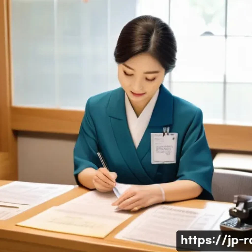희귀질환 진단 후 보험 청구 방법 - A modern Japanese government office interior with a polite female clerk assisting a middle-aged Japa...