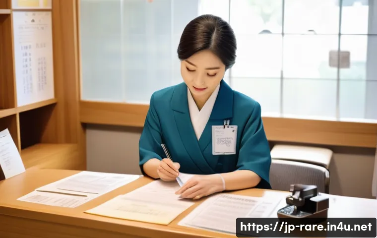희귀질환 진단 후 보험 청구 방법 - A modern Japanese government office interior with a polite female clerk assisting a middle-aged Japa...