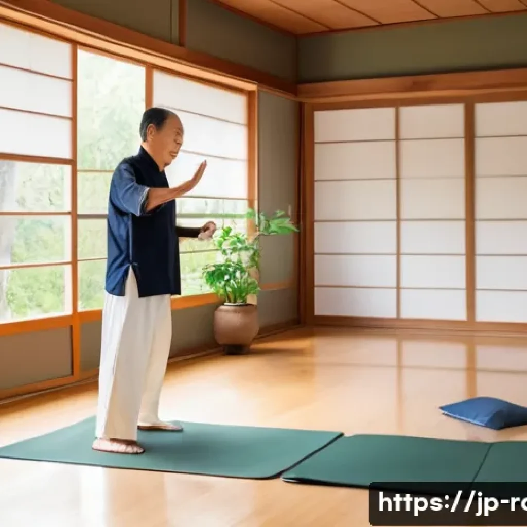 파킨슨병 진단 후 생활 가이드 - A serene indoor scene showing a middle-aged Japanese man practicing gentle Tai Chi in a bright livin...