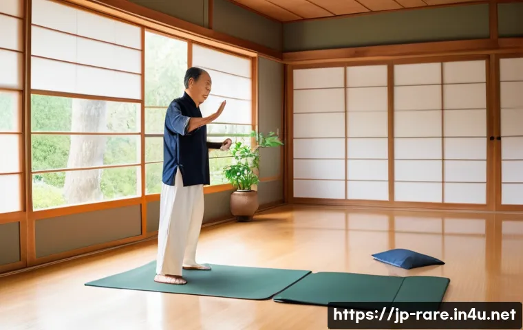 파킨슨병 진단 후 생활 가이드 - A serene indoor scene showing a middle-aged Japanese man practicing gentle Tai Chi in a bright livin...