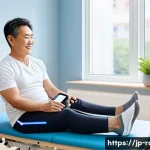 근육병 환자용 전문 치료기기 추천 - A modern rehabilitation clinic scene featuring a middle-aged Japanese patient using an advanced elec...