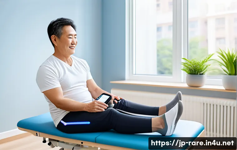 근육병 환자용 전문 치료기기 추천 - A modern rehabilitation clinic scene featuring a middle-aged Japanese patient using an advanced elec...