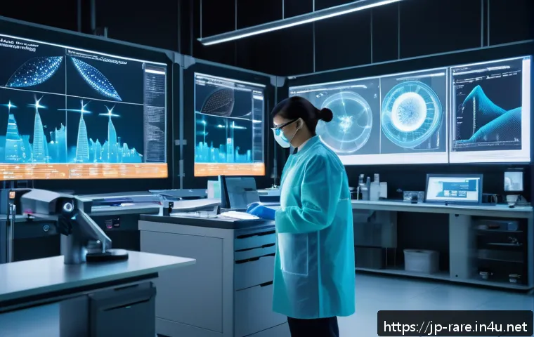 난치성 장애 의료기술 최신 동향 - A futuristic laboratory scene showcasing scientists working with advanced CRISPR gene-editing techno...