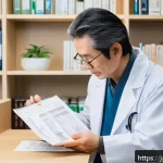 희귀질환 국가 지원 프로그램 - A warm, modern Japanese medical office scene showing a middle-aged patient consulting a kind doctor ...