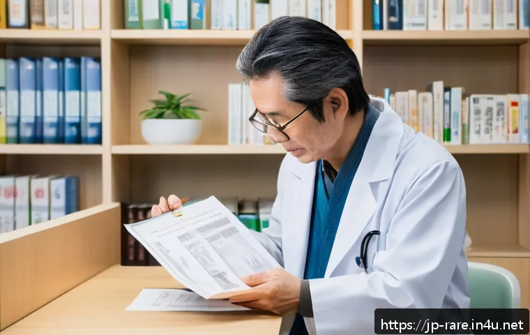 희귀질환 국가 지원 프로그램 - A warm, modern Japanese medical office scene showing a middle-aged patient consulting a kind doctor ...