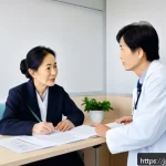 파킨슨병 환자를 위한 보험 적용 사례 - A compassionate scene inside a modern Japanese medical consultation room featuring a middle-aged Jap...