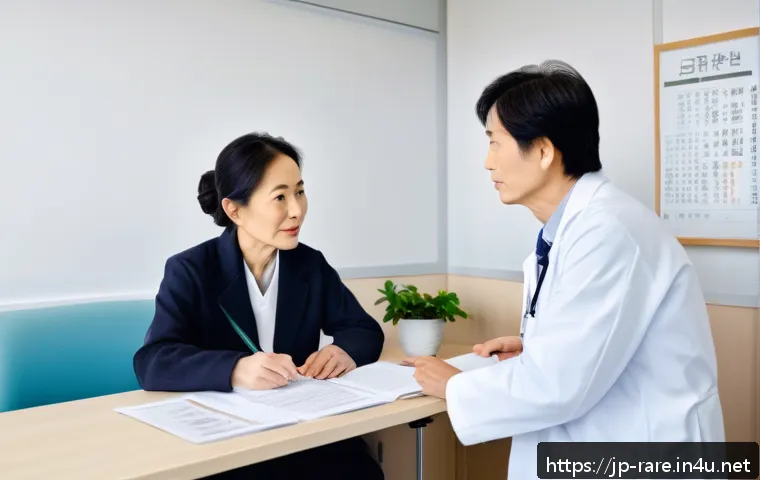 파킨슨병 환자를 위한 보험 적용 사례 - A compassionate scene inside a modern Japanese medical consultation room featuring a middle-aged Jap...