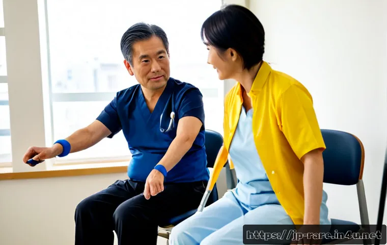 루게릭병과 운동 치료법 - Photorealistic rehabilitation session for amyotrophic lateral sclerosis, a mature Japanese man seate...